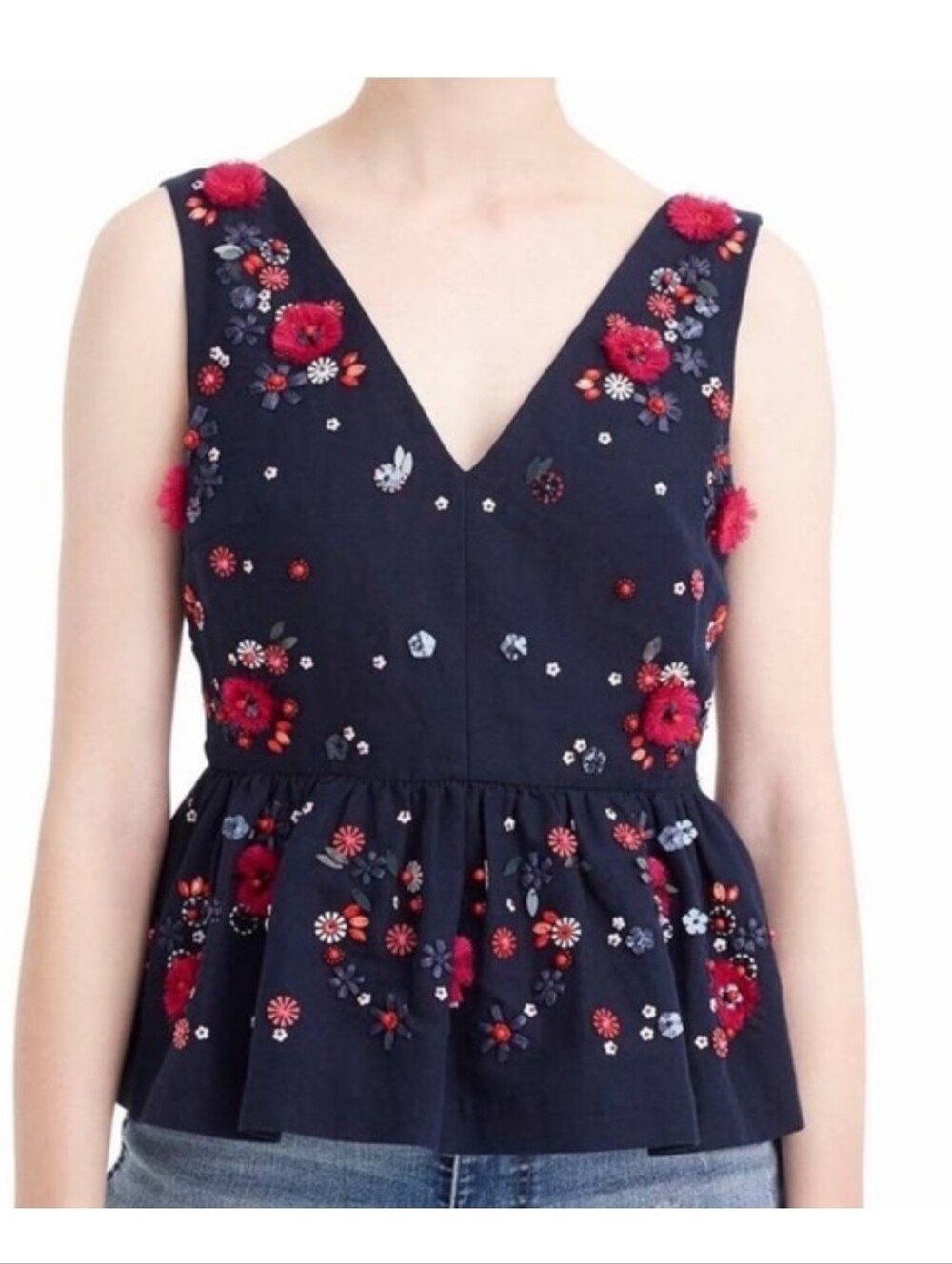 J. Crew Linen Navy Floral Embroidered V-Neck Top Size 4 Tall